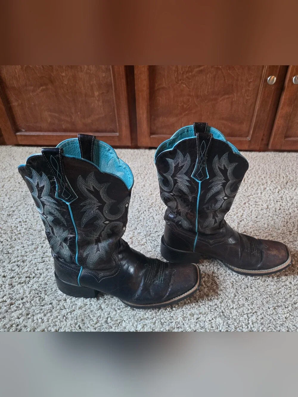Ariat 10008017 Western Brown Turquoise Leather Boots Square Toe Women's 10B